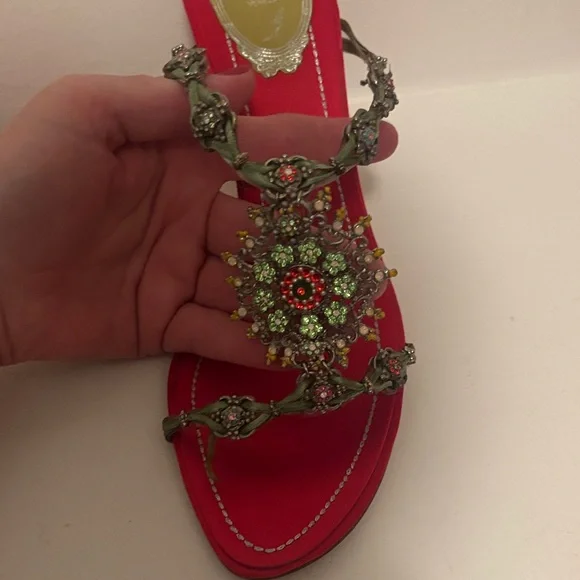 Rene Caovilla Red and Gold Embellished Heels - Picture 6 of 8